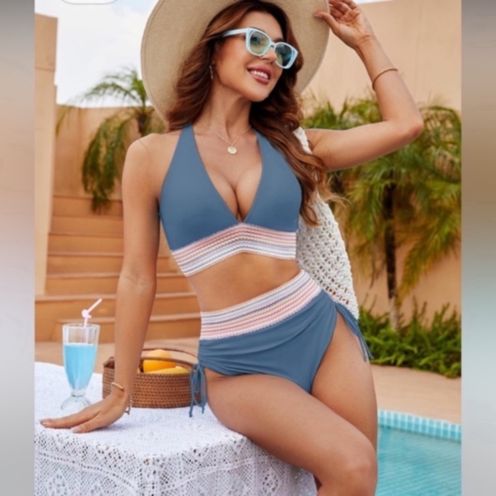~Women High Waisted Bikini Sets Tummy Control Swimsuits Color Block Two Piece~